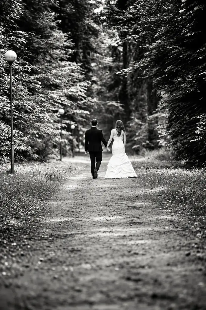 Anna i Jarosław – Spacer leśną aleją – kadr czarno-biały